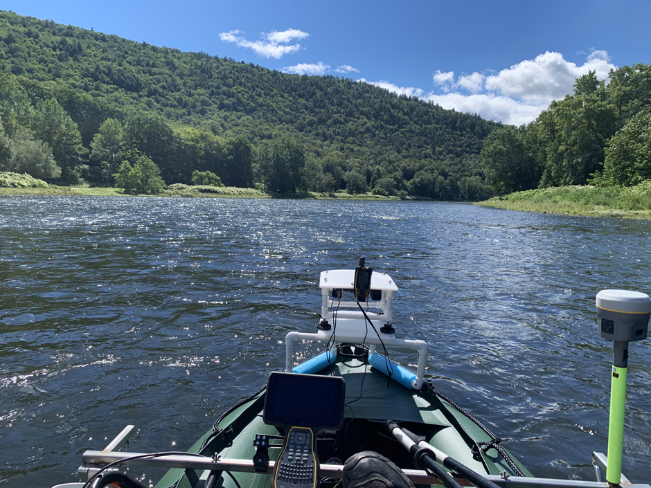 High Definition Stream Survey motor boat in action on the Upper Delaware River in Pennsylvania.