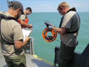 The Sandusky Fisheries Research Station records temperature and dissolved oxygen profiles during monthly bottom trawl surveys on Lake Erie
