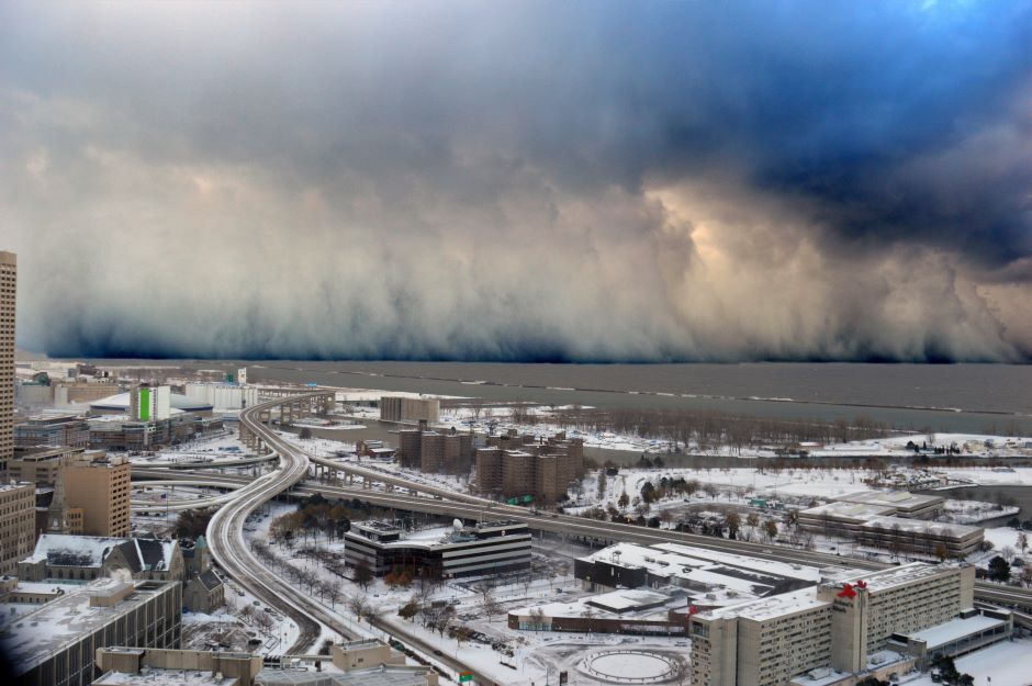 A wall of intense snowfall desending on the Buffalo Southtowns during the first of two historic back-to-back lake-effect snow events in November 2014.