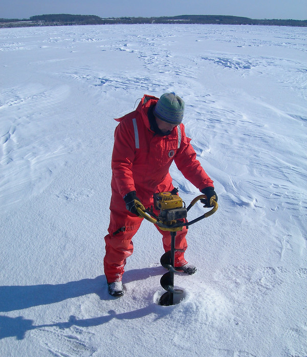 Ice sampling in Green Bay, Lake Michigan. February 2009.