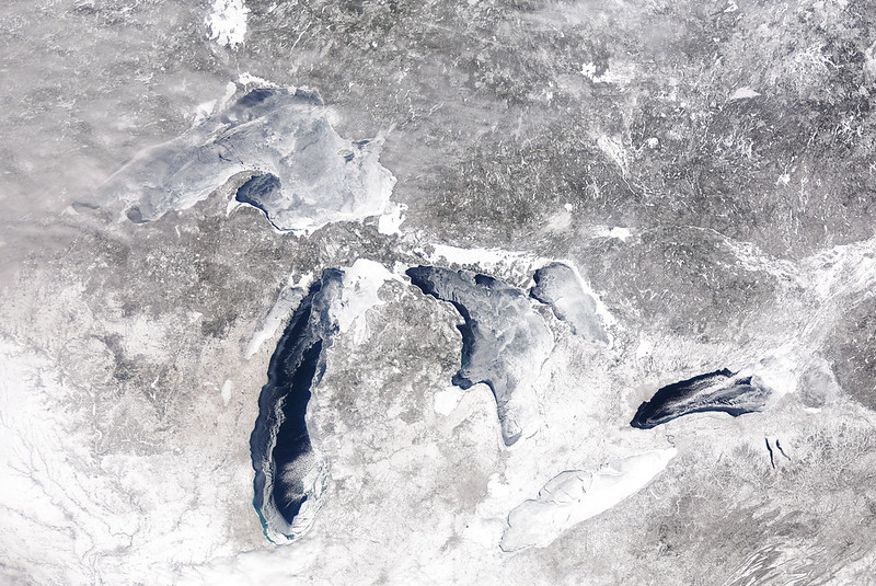 MODIS satellite image showing ice cover on the Great Lakes (88.7%), February 28, 2015. 