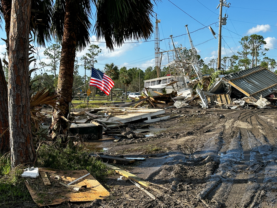 U.S. Airmen assigned to the 202nd Rapid Engineer Deployable Heavy Operational Repair Squadron Engineers (RED HORSE) Squadron, Florida Air National Guard, clear roads in Keaton Beach, Florida, after the landfall of Hurricane Helene, Sept. 27, 2024.