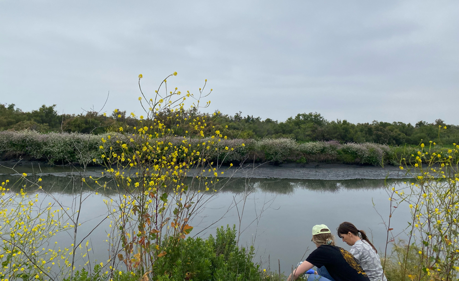 Masters student in Environmental Engineering, Alexandra Grant, (pictured at left) and Professor Natalie Mladenov (pictured at right) sampling to evaluate water quality in the Tijuana River Estuary.