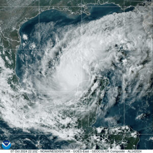 Satellite image of Hurricane Milton rapidly intensifying into a strong Category 5 hurricane in the Gulf of Mexico on October 7, 2024