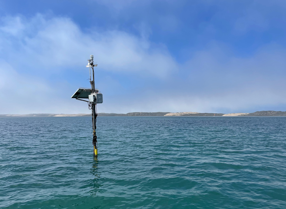 BS1 sampling platform in its deployed position. The site is powered by a solar-powered battery, connects to the WQDataLive cloud service with a cellular modem, and collects temperature, salinity, oxygen, chlorophyll, turbidity, pH, and weather parameters. The site is located between two oyster aquaculture facilities in Morro Bay, CA.