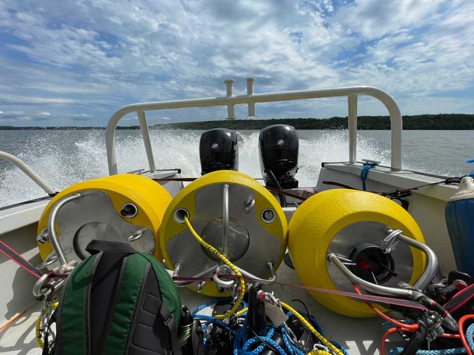 With prototyping and testing complete, 3 finished systems are loaded up and battened down for a quick boat ride to their respective deployment sites in lower Green Bay. 