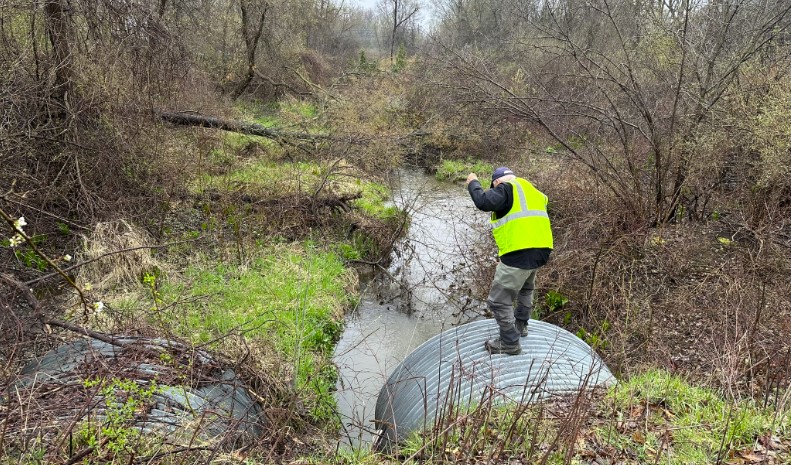 A HRWC citizen science volunteer lowers the YSI probes into Davis Creek, a tributary in the upper section of the Huron River Watershed, off a culvert to record the LEVSN core water quality parameters of pH, dissolved oxygen, water temperature, and conductivity data. 