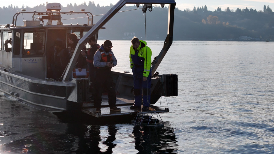 Sequoia team demonstrating a profiling deployment of the LISST-200X during the OAE study. 