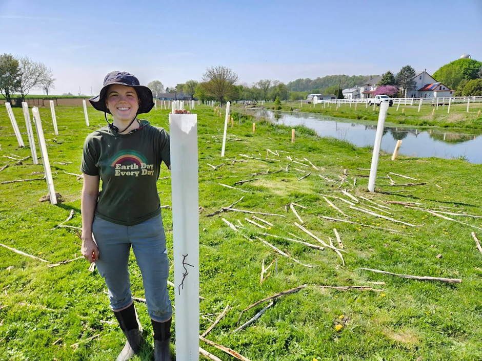 Amanda Goldsmith at a recently planed riparian buffer on Mill Creek. 