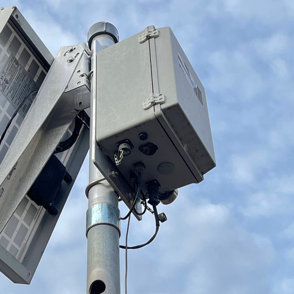 A close-up view of the NexSens data logger enclosure at the Fellows Ave site along Meadowbrook Creek.