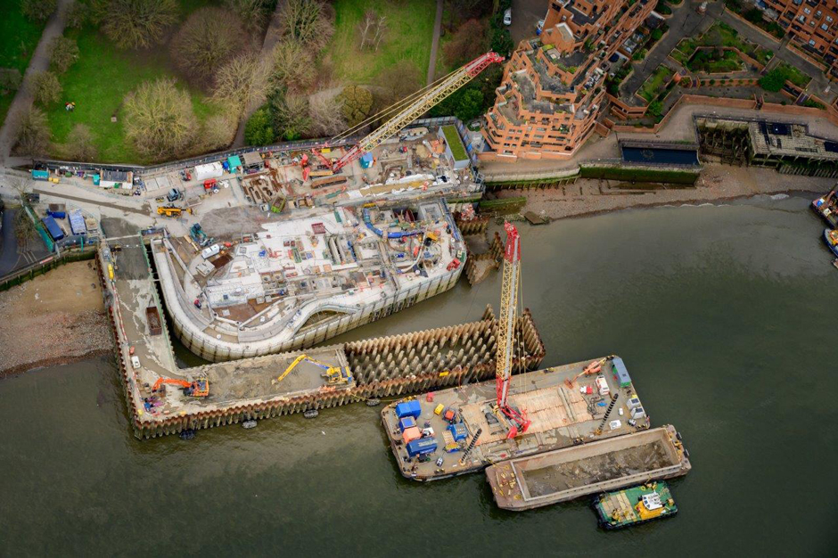 King Edward Memorial Park Foreshore site from above. This site is the location of one of the most polluting sewer overflows into the Thames.